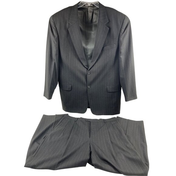 Mens Pinstripe Suit Jacket & Pants Set 2-Button Gray Classic Fit 100% Wool 40L - Picture 1 of 16